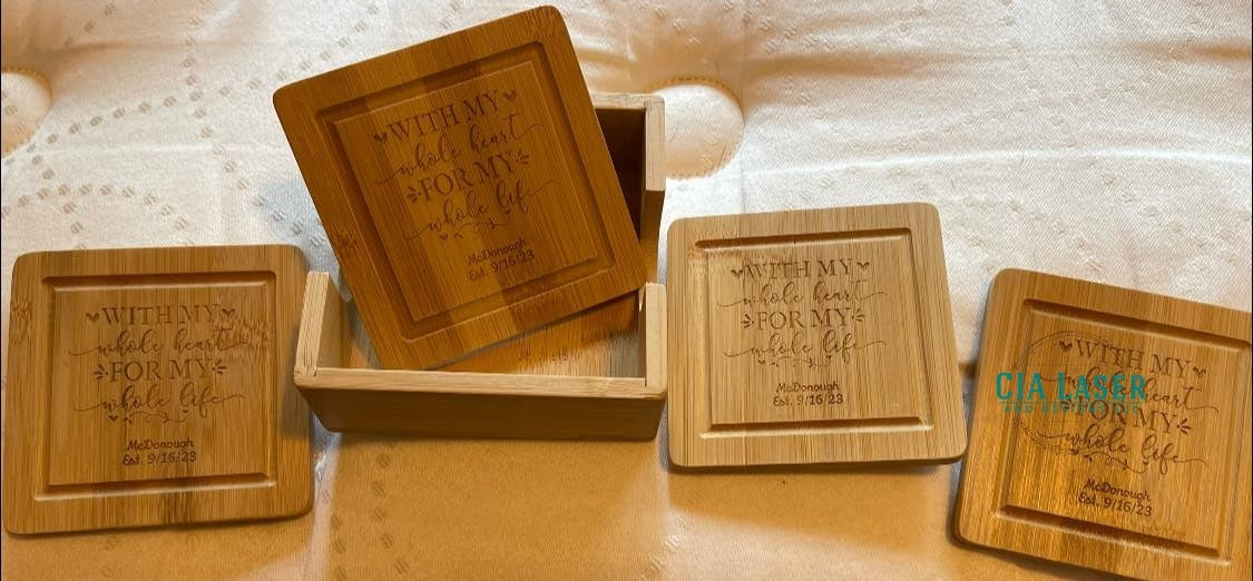 Laser Engraved Personalized 4pk Bamboo Coaster set with Holder