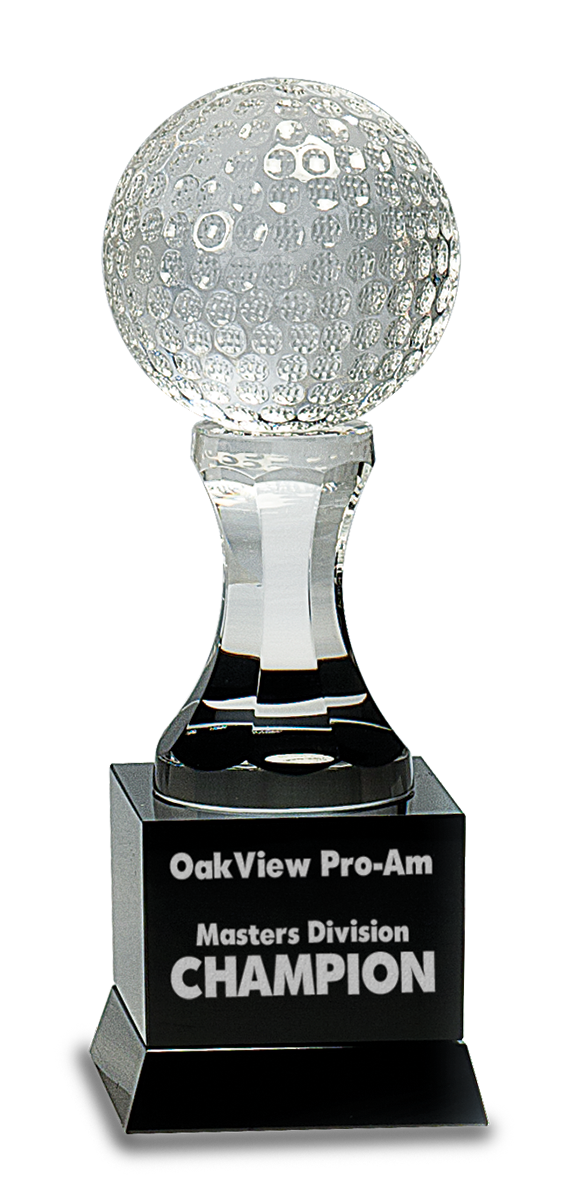 Crystal Golf Ball Trophy on pedestal base Laser Engraved personalized