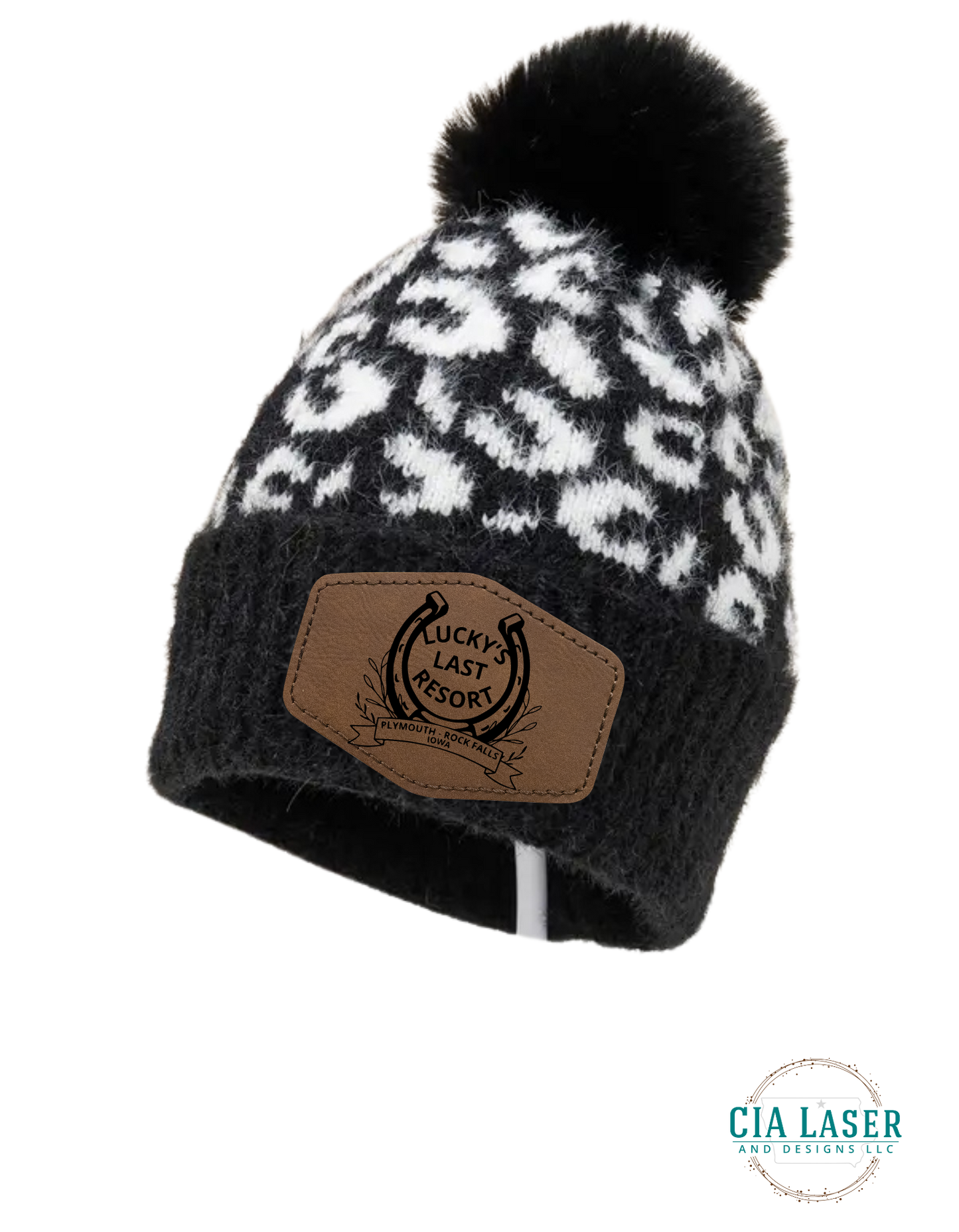 Chic Leopard Print Knit Beanie With Pom Laser Engraved Lucky's Last Resort patch