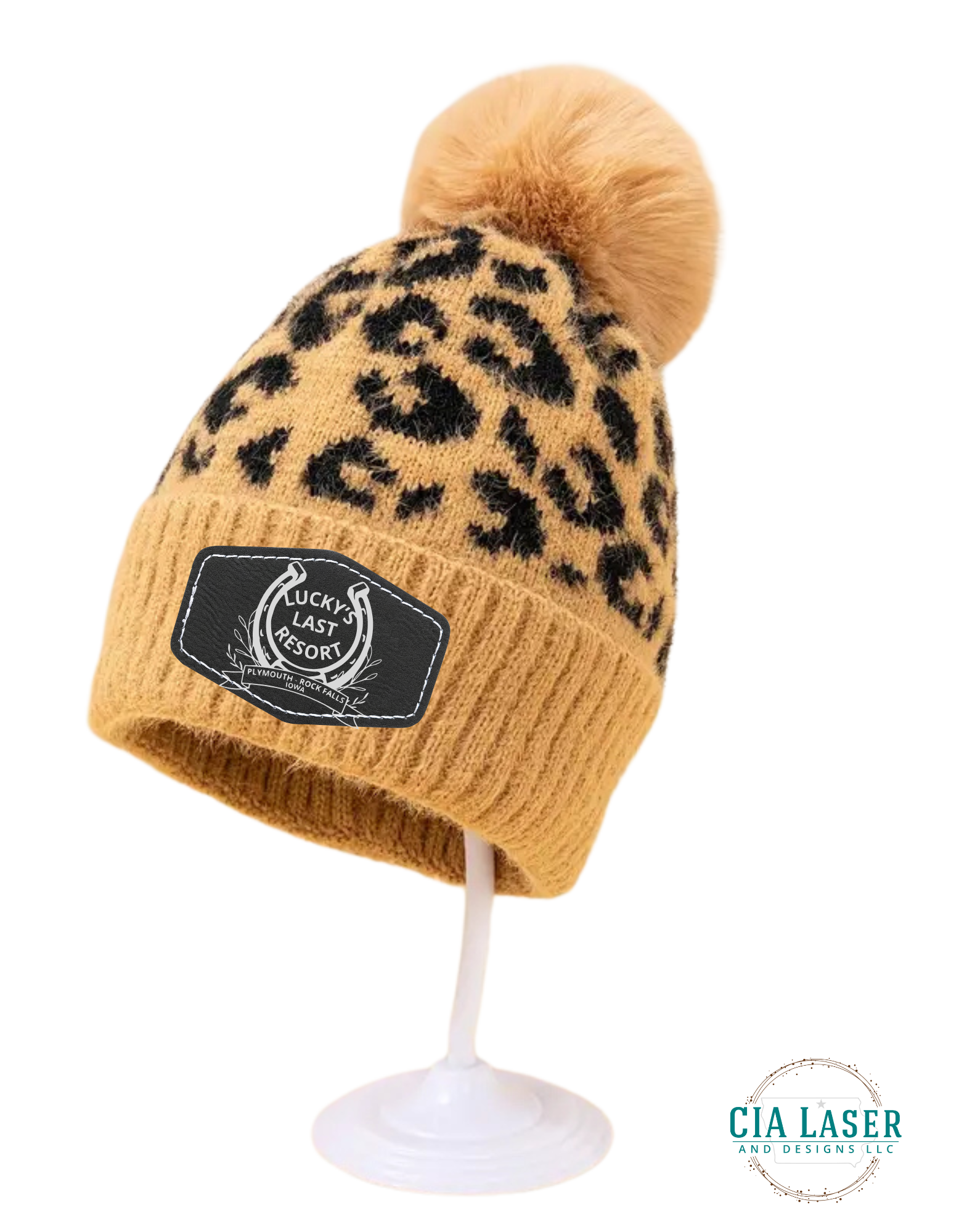 Chic Leopard Print Knit Beanie With Pom Laser Engraved Lucky's Last Resort patch