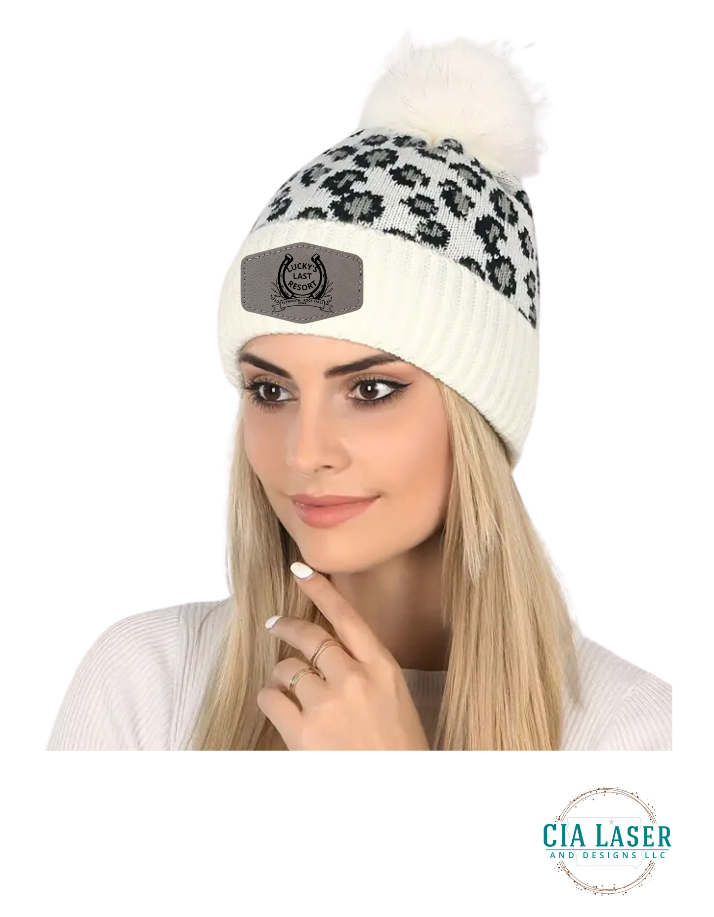 Chic Leopard Print Knit Beanie With Pom Laser Engraved Lucky's Last Resort patch