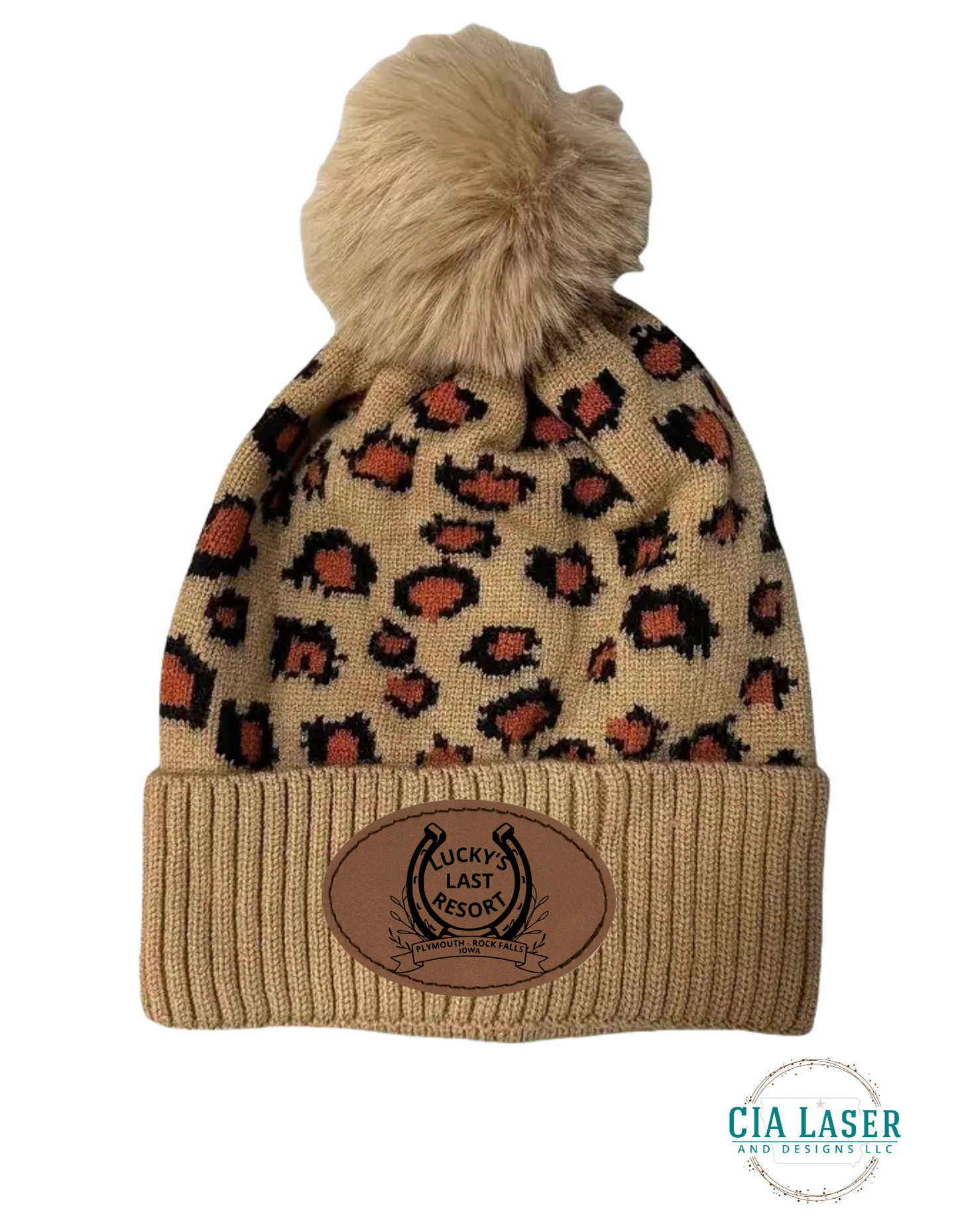 Chic Leopard Print Knit Beanie With Pom Laser Engraved Lucky's Last Resort patch