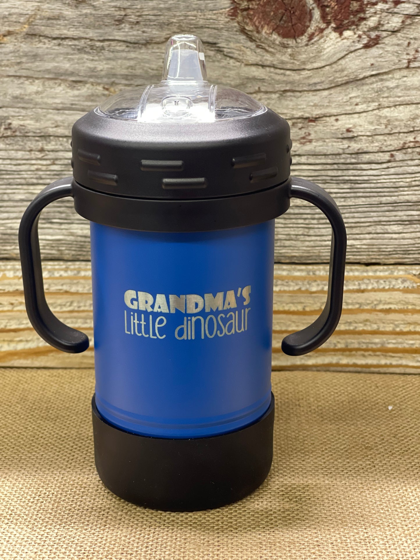 Grandma's little dinosaur 10oz blue sippy laser engraved 