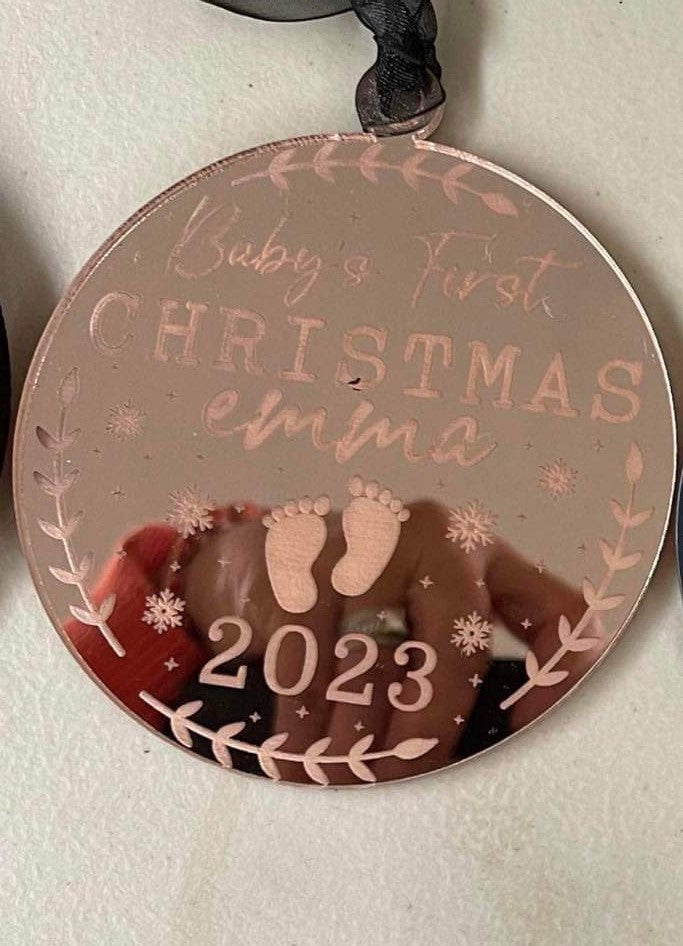 Babies 1st Christmas Acrylic Laser Engraved Mirror Ornament Personalized