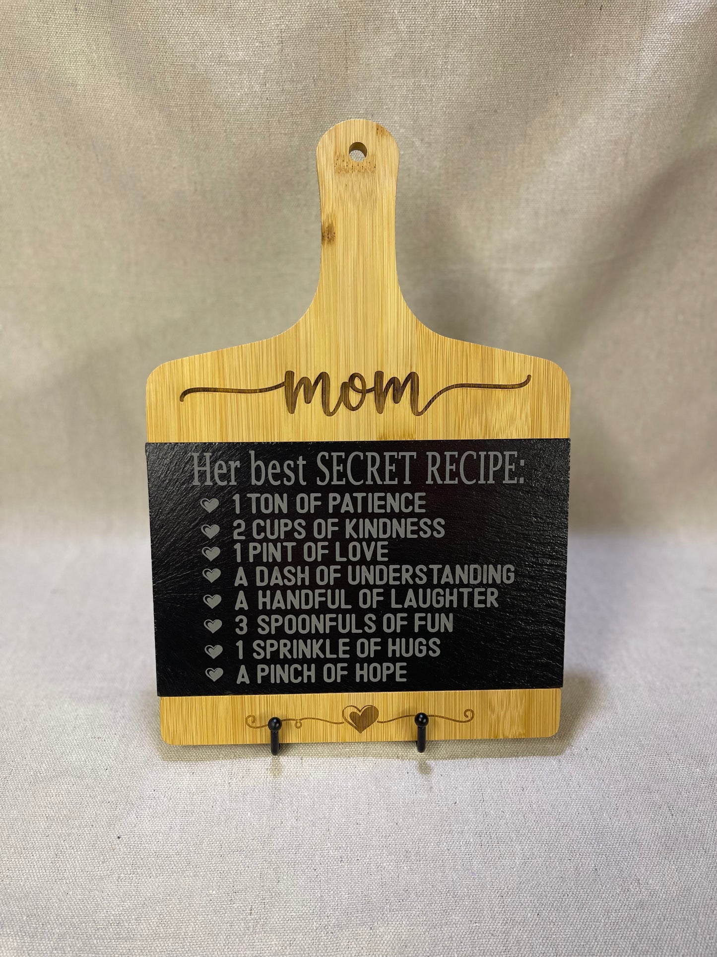 Recipe for a Mom Slate and Bamboo Cheese Board with handle - Custom Mother's Day Bamboo Slate Charcuterie Board - Engraved Cheese Boards - Customized Mom Slate Bamboo Tray