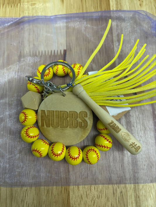 Ball Wristlet Keychain with Personalized Wooden Disc and Personalized Bat Wood Beads