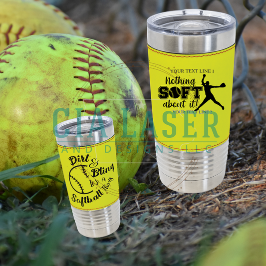 School Spirit Softball Tumbler |20oz Leatherette Softball Tumbler | Sports Tumbler w Slider Lid | Softball Gift| Softball Cup | Custom Softball