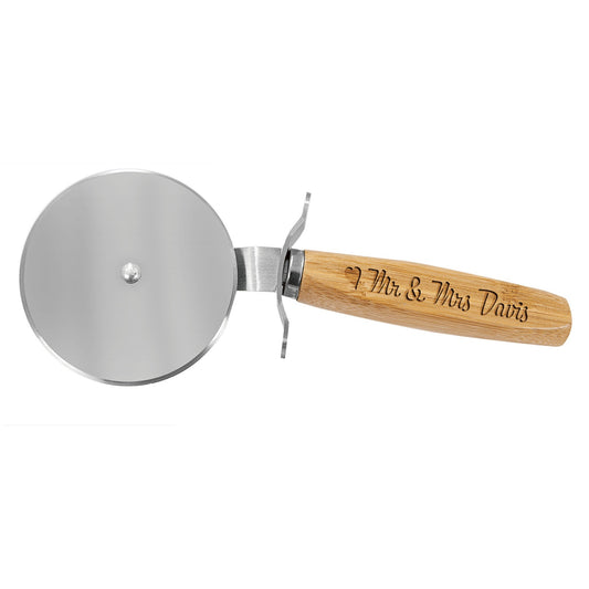 Bamboo handle pizza cutter personalized laser engraved