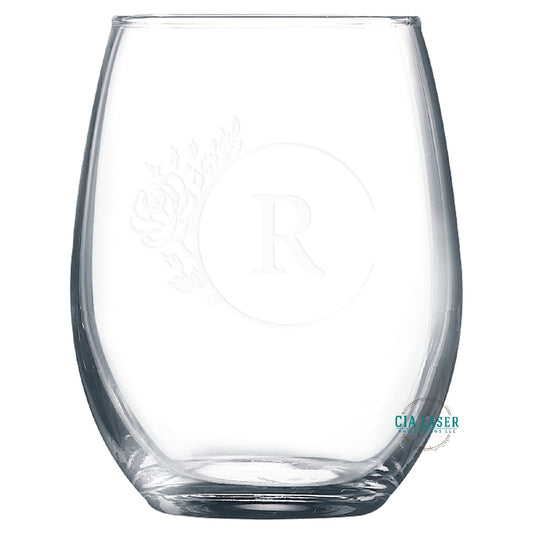 9oz Monogramed stemless wine glass laser engraved