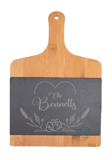 Slate and Bamboo Cheese Board with handle Personalized - Custom Bamboo Slate Charcuterie Board - Engraved Cheese Boards - Customized Slate Bamboo Tray